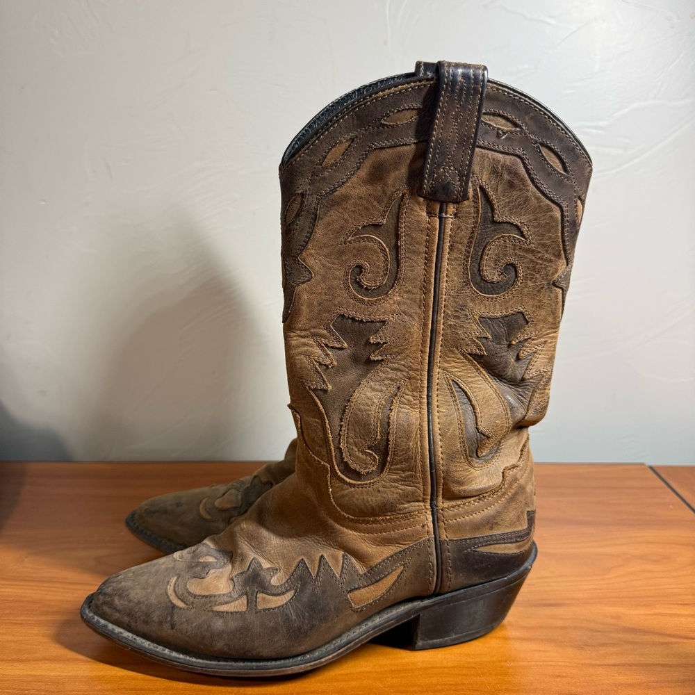 Abilene Sage Women's Leather Brown Tan Cowgirl Boot Round Toe Scroll Western 7.5